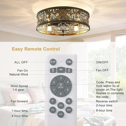Garwarm 20" Caged Ceiling Fans with Lights,Vintage Victorian Rustic Crystal Fandelier,Low Profile Flush Mount Enclosed Bladeless Ceiling Fan with Light and Remote for Bedroom,Kitchen,Dining Room