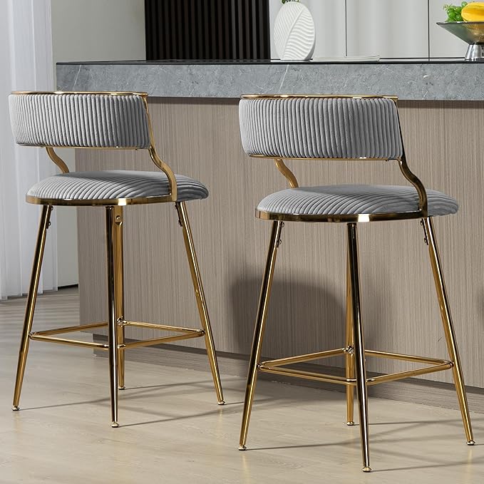 2-Pack Grey Corduroy Counter Height Bar Stools with Back, Golden Chrome Base and Footrest, Modern Kitchen Island Stools Set of 2, Upholstered Dining Stools for Home, Office, Cafe