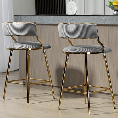 2-Pack Grey Corduroy Counter Height Bar Stools with Back, Golden Chrome Base and Footrest, Modern Kitchen Island Stools Set of 2, Upholstered Dining Stools for Home, Office, Cafe
