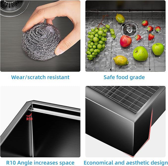 Farmhouse Sink, 33 x 22 Inch Undermount Black Stainless Steel Apron Front Single Bowl 10 Inch Deep Workstation Sink with Cutting Board
