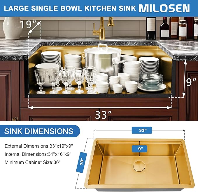 MILOSEN 33 Inch Gold Undermount Kitchen Sink,33" x 19" Gold Stainless Steel Sinks, Single Bowl Workstation Sink with Custom Accessories, Handmade Under Counter Design, 9'' Large and Deep Kitchen Sinks
