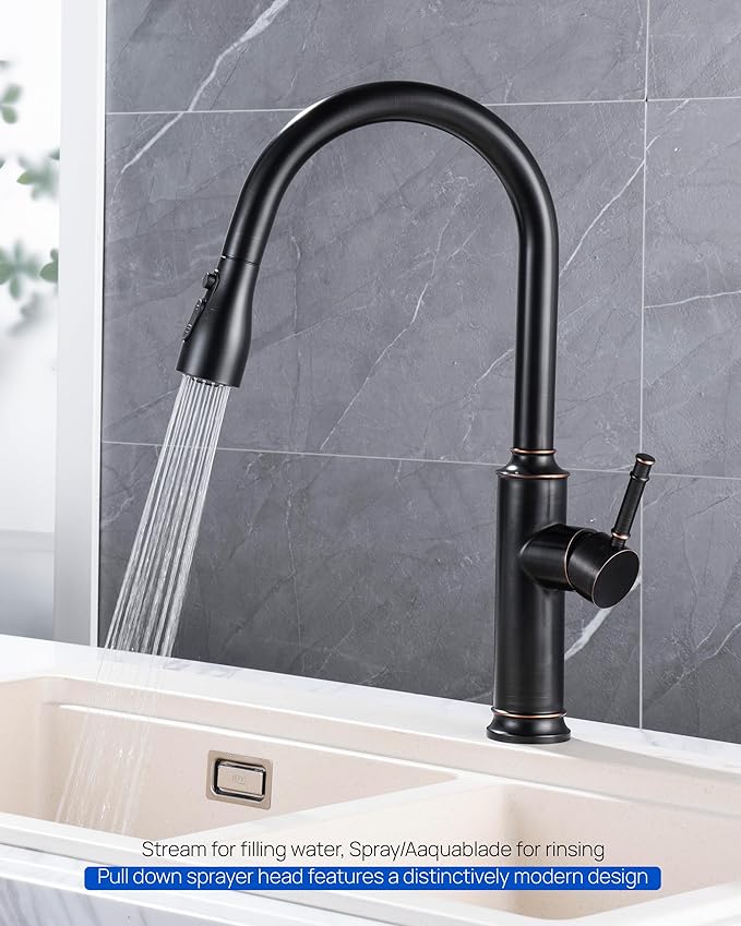 Pull Down Kitchen Faucet Sprayer Head Replacement Part, 15 Connectors, 3 Function Pull Out Sink Sprayer Replacement Nozzle, Kitchen Faucet Head Hose Spray Tap Spout,Oil Rubbed Bronze