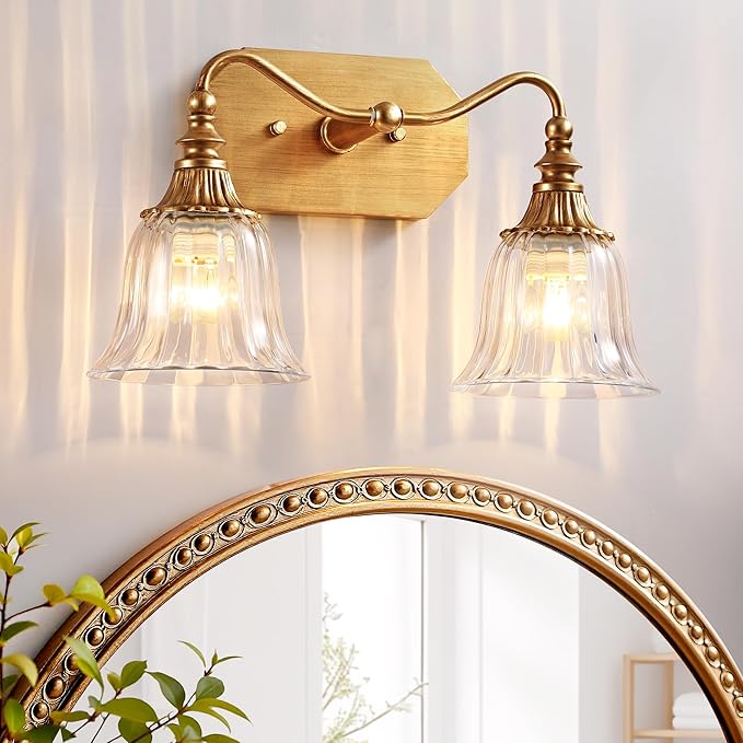 LmnLvn Bathroom Vanity Gold Light Fixture, 2 Lights Bathroom Lighting Matte Antique Brass Finish with Crystal Glass Shade, Gold Vintage Vanity Light for Bathrooms