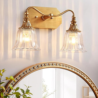 LmnLvn Bathroom Vanity Gold Light Fixture, 2 Lights Bathroom Lighting Matte Antique Brass Finish with Crystal Glass Shade, Gold Vintage Vanity Light for Bathrooms