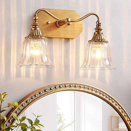 LmnLvn Bathroom Vanity Gold Light Fixture, 2 Lights Bathroom Lighting Matte Antique Brass Finish with Crystal Glass Shade, Gold Vintage Vanity Light for Bathrooms