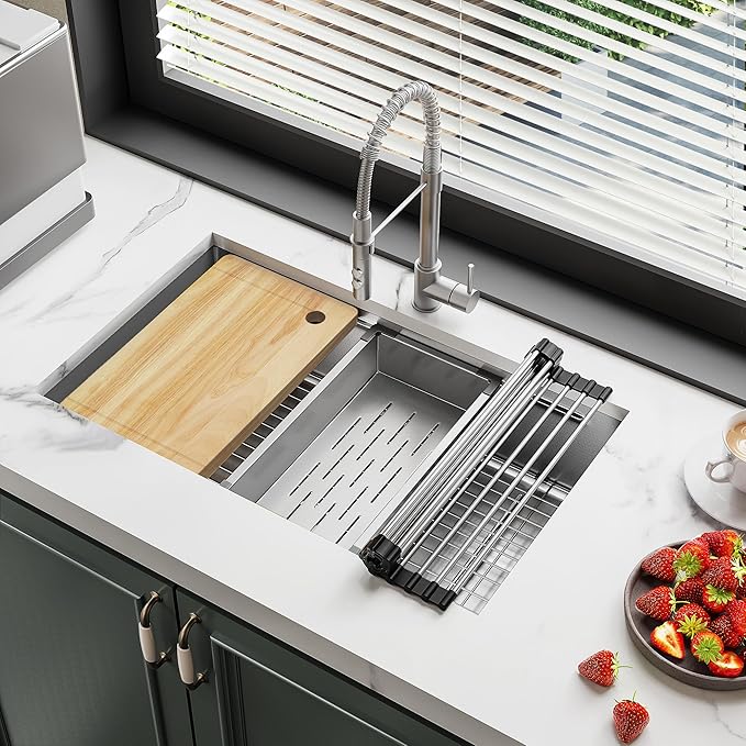 YITAHOME Kitchen Sink Undermount Workstation 32in, 304 Stainless Steel Single Bowl w/Ledge & Accessories, Honeycomb Surface Design, RV, Modern Bar Sink 32x19x10in, Silver