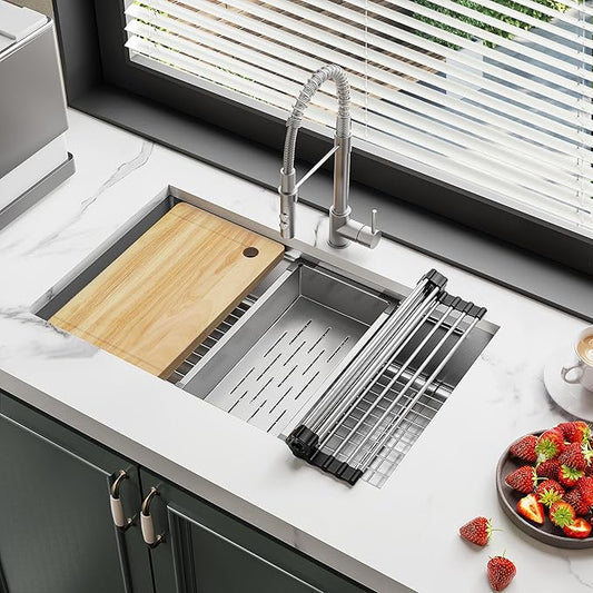 YITAHOME Kitchen Sink Undermount Workstation 32in, 304 Stainless Steel Single Bowl w/Ledge & Accessories, Honeycomb Surface Design, RV, Modern Bar Sink 32x19x10in, Silver