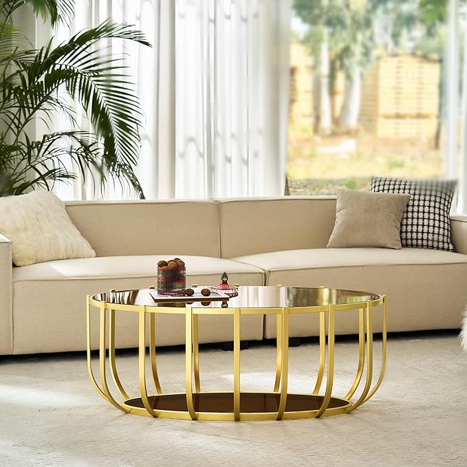 Saint Mossi Glass Oavl Coffee Table for Living Room, Mid Century Modern 2-Tier Glass Drum Center Table, Brown Glass Top with Gold Finish Legs & Frame, L42.5xW23xH16.5