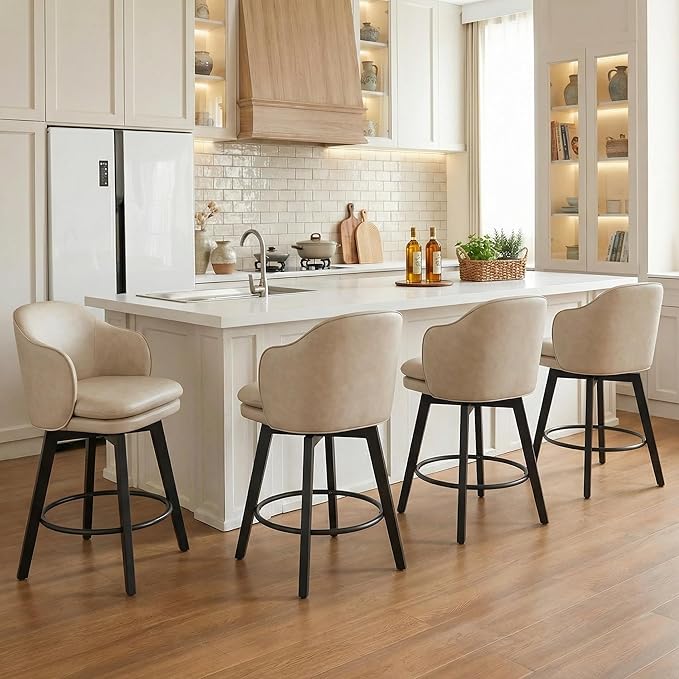 Counter Height Barstools 26 inch Upholstered Swivel Bar Stools with Back and Wood Legs for Kitchen Island,Set of 4,Beige PU Leather