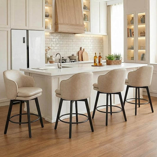 Counter Height Barstools 26 inch Upholstered Swivel Bar Stools with Back and Wood Legs for Kitchen Island,Set of 4,Beige PU Leather