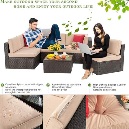 Vongrasig 7 Piece Patio Furniture Set with Propane Fire Pit, Outdoor Conversation Sets Wicker Rattan Sectional Sofa with Coffee Table, 43” Propane Gas Firepit Table with Lid, Beige