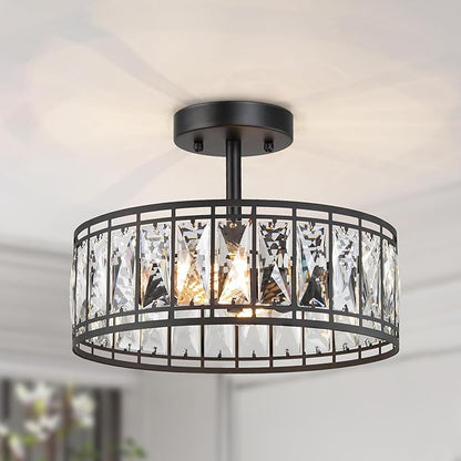 KSANA Modern Farmhouse Crystal Semi Flush Mount Ceiling Light Fixture with Drum Glass Shade for Bedroom, Hallway, Kitchen, Dining & Living Room, Foyer and Bathroom