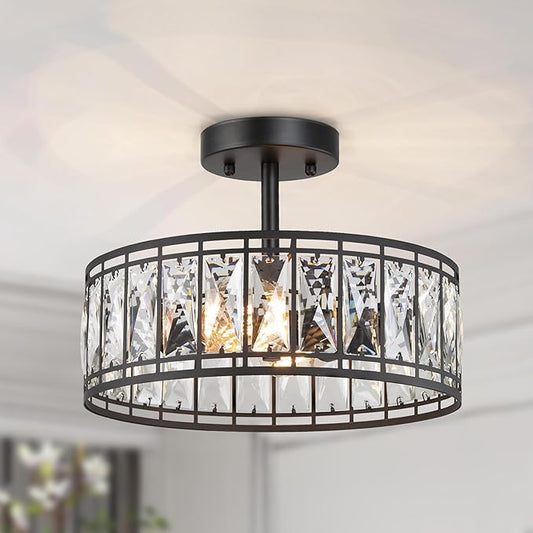 KSANA Modern Farmhouse Crystal Semi Flush Mount Ceiling Light Fixture with Drum Glass Shade for Bedroom, Hallway, Kitchen, Dining & Living Room, Foyer and Bathroom