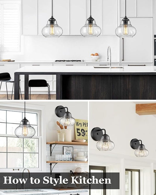 ELYONA 8 Inch Globe Pendant Light Bubble Glass Industrial Kitchen Island Hanging Pendant Light Fxiture Modern Hand Blown Seeded Glass for Farmhouse Dining Room Bar Bedroom Living Room Black