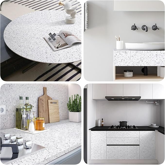 Decoroom Marble Contact Paper for countertops, Self Adhesive Waterproof White Granite Marble Wallpaper, Peel and Stick Countertops for Cabinets Kitchen Bathroom Vinyl Film 17.7 in X 196 in
