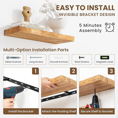 Acovy Extra Deep 72" Long Live Edge Rustic Floating Shelves for Wall, Solid Wood Wall Shelves with Invisible Bracket Mount for Living Room Bathroom Bedroom Kitchen, Set of 1, Natural