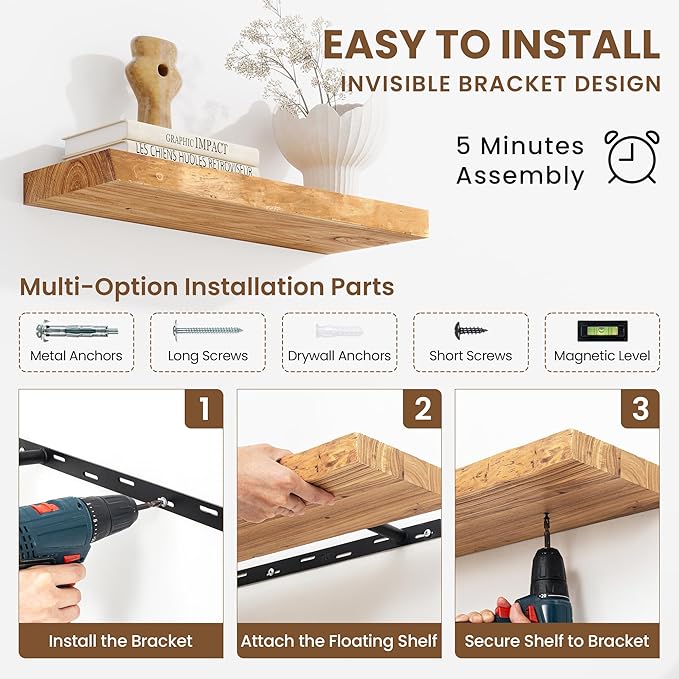 Acovy Extra Deep 55" Long Live Edge Rustic Floating Shelves for Wall, Solid Wood Wall Shelves with Invisible Bracket Mount for Living Room Bathroom Bedroom Kitchen, Set of 1, Natural