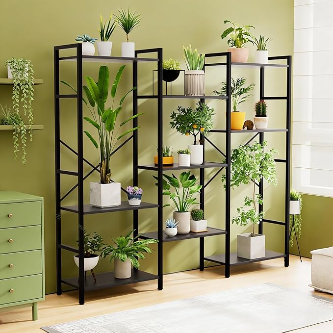 GRUSIGN Triple 4 Tier Book Shelf, Modern Bookcase Shelf, Freestanding Large Display Shelves for Living Room/Office/Garage, Stable Large Bookshelf with Storage for Books/LEGO/Plants, Black