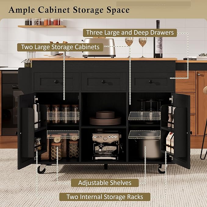 JIJIWANG 85.5" Kitchen Island with Extendable Dining Table for 4-6, Kitchen Storage Table with Cabinets and 3 Side Open Shelves, Rolling Island with Power Outlet, 3 Drawers and 2 Doors Black