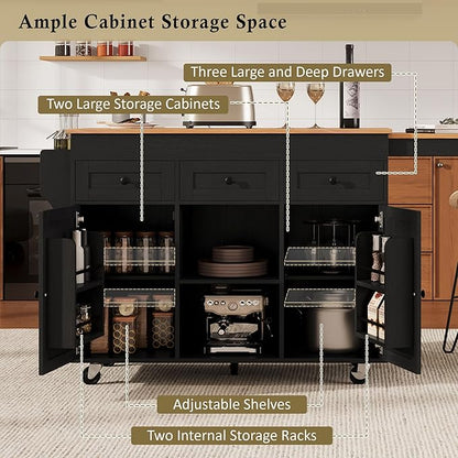 JIJIWANG 85.5" Kitchen Island with Extendable Dining Table for 4-6, Kitchen Storage Table with Cabinets and 3 Side Open Shelves, Rolling Island with Power Outlet, 3 Drawers and 2 Doors Black