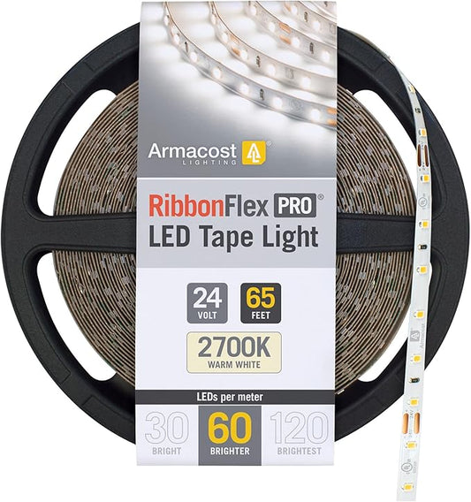 Armacost Lighting RibbonFlex Pro 24V White LED Strip Lights 60 LED/m, 2700K, 65.6 ft 135260