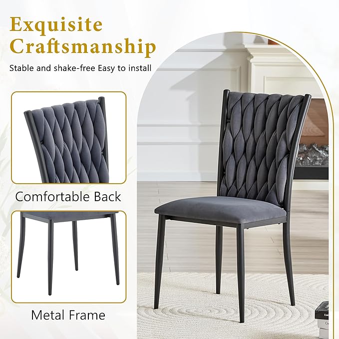 Upholstered Dining Chairs Set of 4, Hand-Woven Back Kitchen Chair, Luxury Gold Dining Chairs,Velvet Upholstery with Metal Legs, Modern Velvet Chair for Dining Room、Kitchen、Restaurant