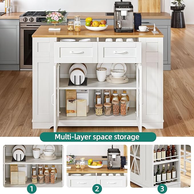 YITAHOME Kitchen Island with Seating, 47 Inch Mobile Storage Island with Drop Leaf, Rolling Islands Table with Power Outlet & Spice Rack, 2 Upholstered Stools and Footrest, for Dining Room, White Oak