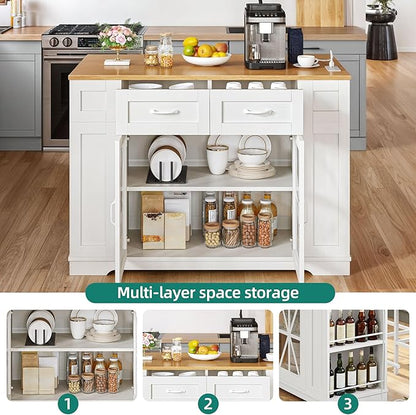 YITAHOME Kitchen Island with Seating, 47 Inch Mobile Storage Island with Drop Leaf, Rolling Islands Table with Power Outlet & Spice Rack, 2 Upholstered Stools and Footrest, for Dining Room, White Oak
