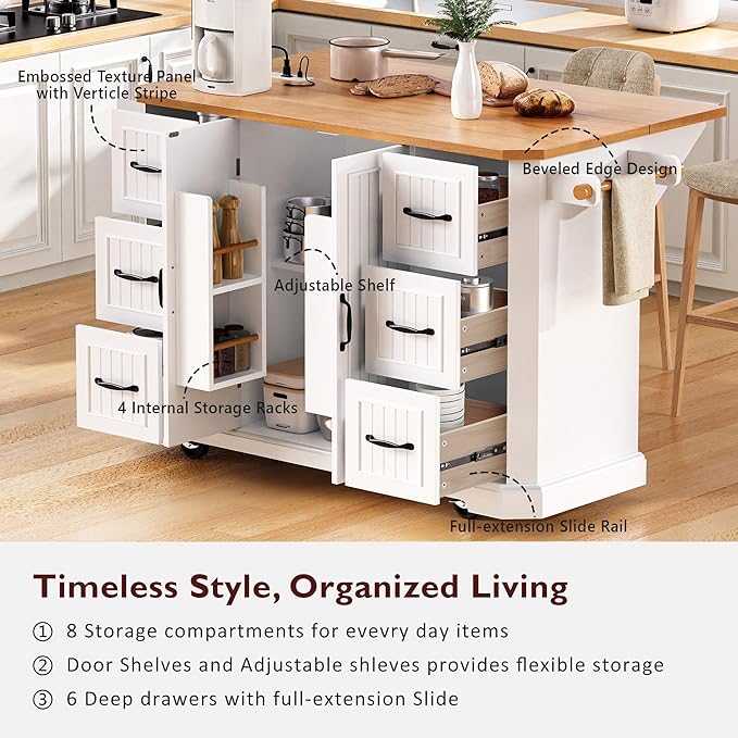 Modern Dining Table 56 Inch Kitchen Island with Drop Power Outlet Counter Wood Console Luxury Living Room,White-MDF
