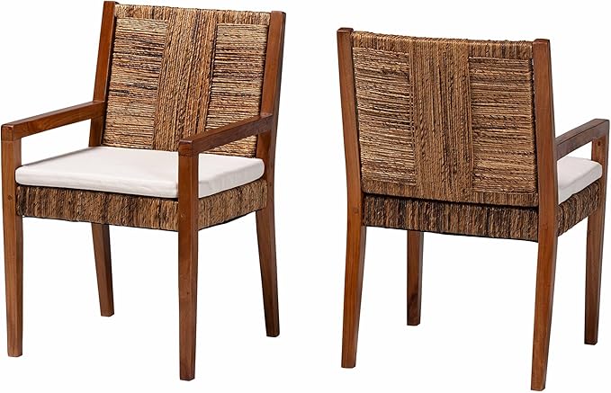 Bali & pari Chabela Handwoven Seagrass Armchairs - Solid Mango Wood Frame Dining Chair with Woven Seat and Backrest, Rustic Boho Style Kitchen or Dining Room Seating, Medium Brown