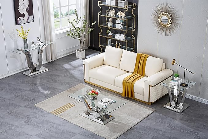 Luxury Glass Coffee Table Set of 2 Piece Silver Living Room Table Set of 2 Including Coffee and Sofa Table Set, Gorgeous Stainless Steel Frame, Clear Glass Top for Living Room Home Office Apartment