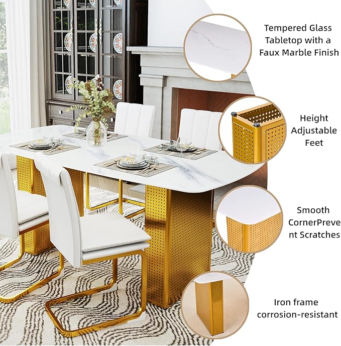 Contemporary Gold Dining Table with Marble Look Glass Top, Unique Rectangular Design, Dual Base Metal Frame, Stable & Stylish 6-8 Person Kitchen Table, Perfect for Modern Dining Room or Office Space