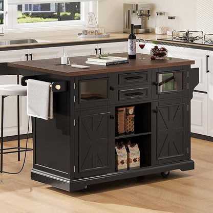 54.9" Kitchen Island with Drop Leaf and Drawers, Rolling Kitchen Cart with Shelves and Storage Cabinet, Kitchen Prep Table on Wheels with Power Outlet and Cross Barn Doors & Visual Glass Door Black