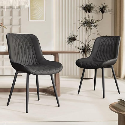YOUNIKE Black Faux Leather Dining Chairs Set of 2 Mid-Century Modern High Padded Back Comfy Upholstered Kitchen Chairs with Metal Legs Wide Seat Accent Side Chair for Dining/Living/Waiting Room