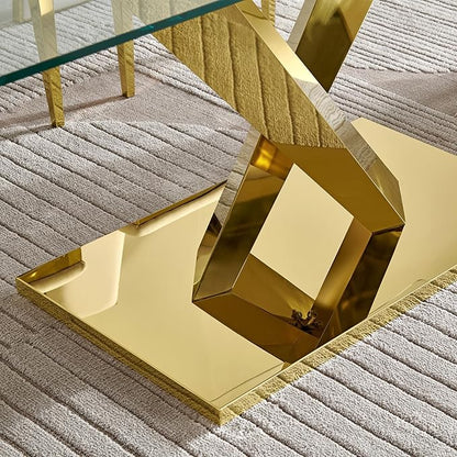 69” Modern Glass Dining Table for 6, Luxury Clear Tempered Glass Top with Gold X-Base Stainless Steel Legs, Elegant Rectangle Dining Room Table