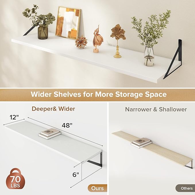 Acovy Deep Floating Shelves Wall Mounted, 48"x12" White Wall Shelves with Brackets Set of 2 for Bedroom, Living Room, Bathroom, Kitchen, Office - Storage & Display Shelf for Decor, Books, Plants