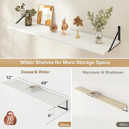 Acovy Deep Floating Shelves Wall Mounted, 48"x12" White Wall Shelves with Brackets Set of 2 for Bedroom, Living Room, Bathroom, Kitchen, Office - Storage & Display Shelf for Decor, Books, Plants