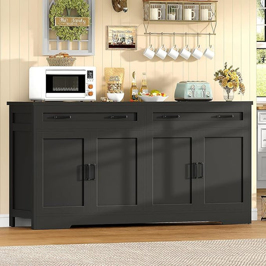 TEENFON 63” Buffet Cabinet with Storage and 2 Drawers, Large Sideboard Cabinet with Adjustable Shelves and 4 Doors, Coffee Bar, Buffet Table for Kitchen, Dining Room, Black