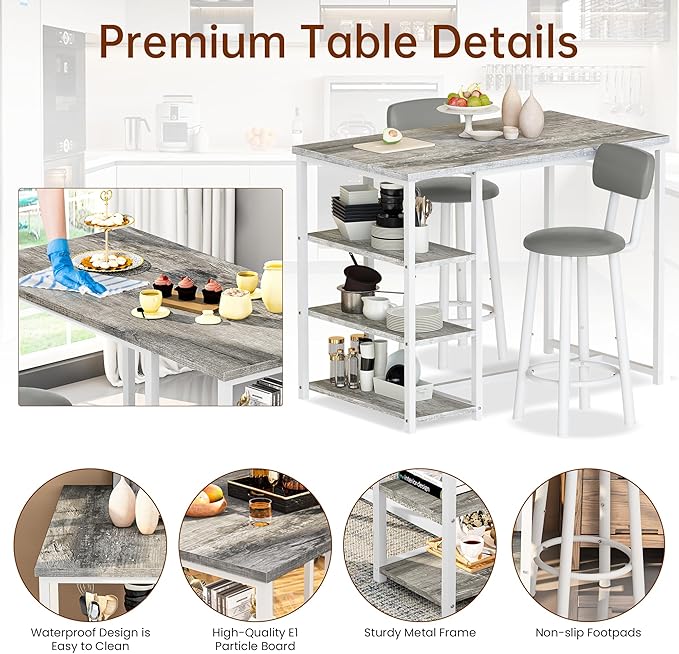 Recaceik Pub Dining Table Set for 2, Table and Bar Stools with 3 Storage Shelves, MDF Board & PU Leather Backrest Chairs, 3 Piece Dining Set for Small Space, Apartment, Kitchen Island, Grey