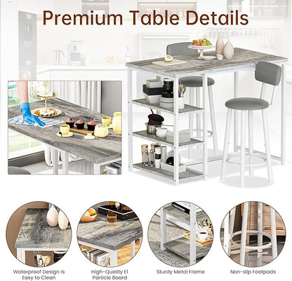 Recaceik Pub Dining Table Set for 2, Table and Bar Stools with 3 Storage Shelves, MDF Board & PU Leather Backrest Chairs, 3 Piece Dining Set for Small Space, Apartment, Kitchen Island, Grey
