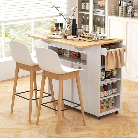 Giantex Rolling Kitchen Island Cart w/Drop Leaf, Power Outlet, Wine Rack, Stemware Rack, Drawer, Spice Rack, Mobile Storage Cart, Island Table on Wheels for Breakfast Dining (White & Natural)