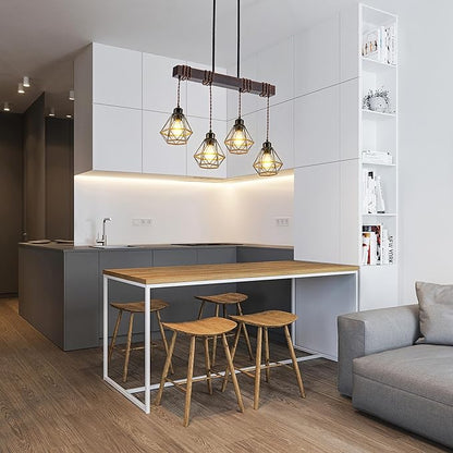 4 Light Kitchen Island Lighting, Farmhouse Chandeliers for Dining Room Light Fixtures Over Table, Modern Wood Pendant Lights Kitchen Island with Metal Lampshade
