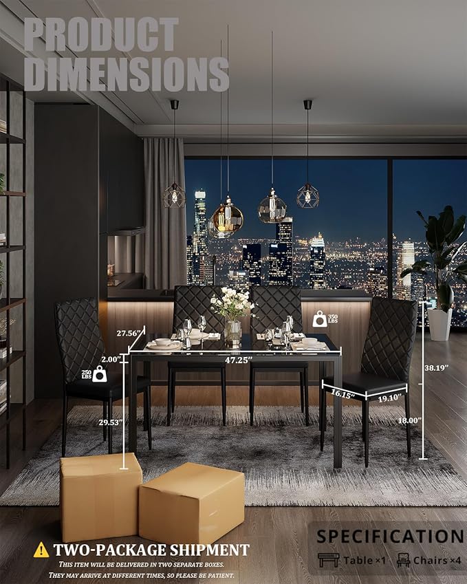 Modern Black Glass Table with Tempered Glass Top, Rectangular Dining Table, Space Saving for Apartments & Small Places, 47.25", Black