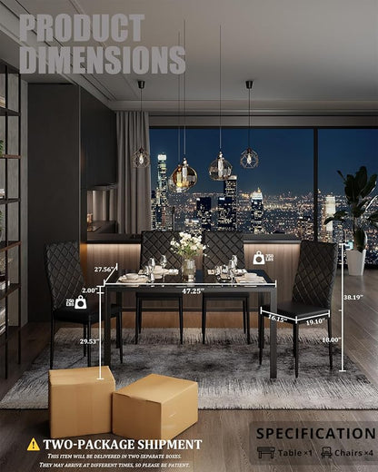 Modern Black Glass Table with Tempered Glass Top, Rectangular Dining Table, Space Saving for Apartments & Small Places, 47.25", Black