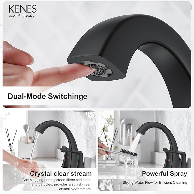 KENES Black Bathroom Faucets for Sink 3 Hole, Matte Black 8 Inch 2 Handle Widespread Bathroom Faucet, Bathroom Vanity Faucet with Pop Up Drain & Supply Lines, LJ-9075-2