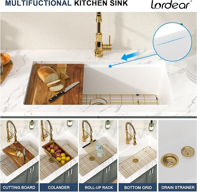 Lordear 33 Inch White Kitchen Sink Granite Composite Undermount Kitchen Sink Workstation 33x19 White Quartz Sinks Under Counter Single Bowl with Classic Gold Accessories