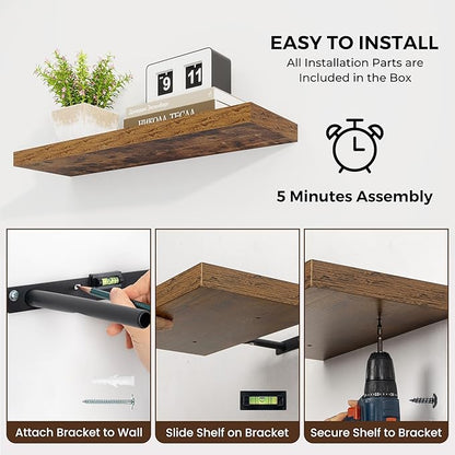 Dreamland 36 Inches Floating Shelves for Wall,8 Inch Deep Floating Shelves Set of 2, Large Display & Storage Shelf, Wall Shelf for Bathroom Bedroom Living Room Kitchen Office,Rustic Brown