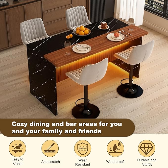 63" Modern Kitchen Island with Marble-Look Surface with 2/4 Bar Stools, Island Table with LED Lights, for Kitchen,Dining Room, Bar, Office, Living Room (Black+4Grey)