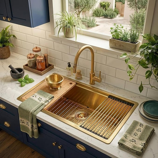 Kitsitchen Gold Kitchen Sink, 32 Inch Gold Undermount Kitchen Sink, 16 Gauge Stainless Steel Undermount Kitchen Sink,10 Inch Deep Single Bowl Kitchen Sinks with Practical Accessories, R10 Round Corner