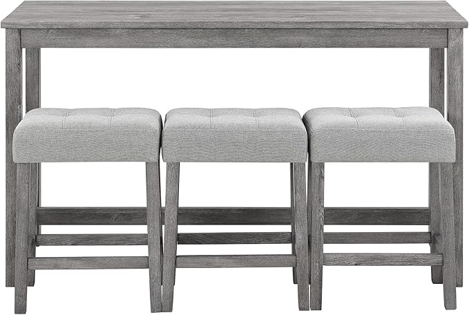 4-Piece Farmhouse Kitchen Table Stool Set with Power Outlets, Industrial Dining Tables with 3 Upholstered Stools, Wooden Counter Table Chairs w/Charging Station&2 USB Ports, Gray+Gray